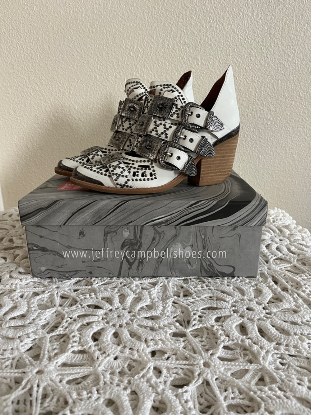 Jeffrey Campbell White Leather Buckle Western Booties with Silver Studs